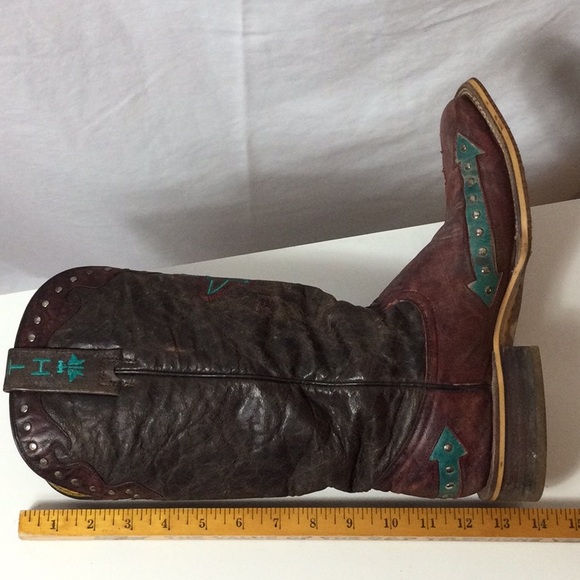 Tin Haul Arrowhead Dark Brown and Burgundy Boots with Teal Stitching - Picture 10 of 12